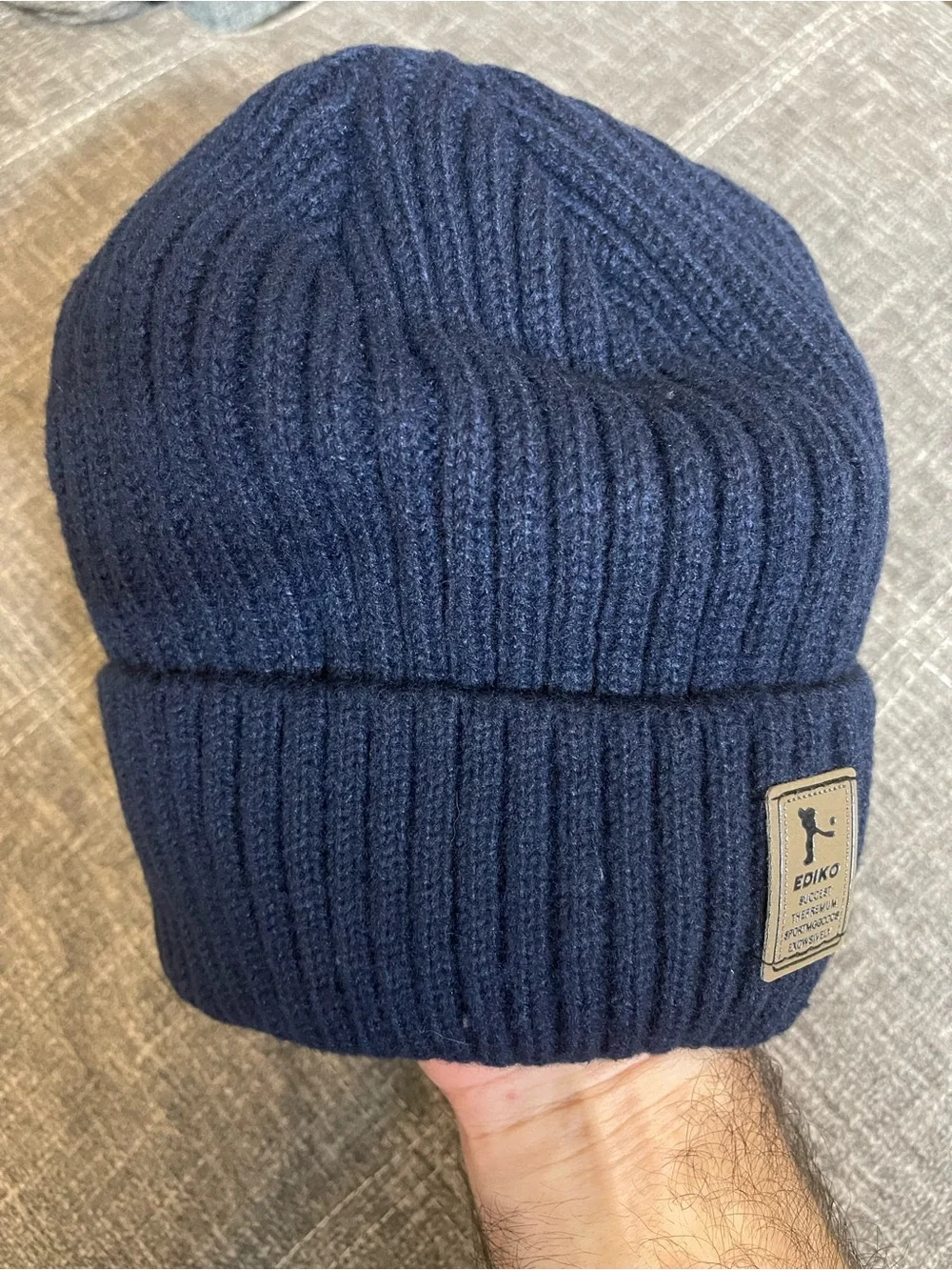 Men's Navy Ribbed Cuffed Beanie with Leather Patch